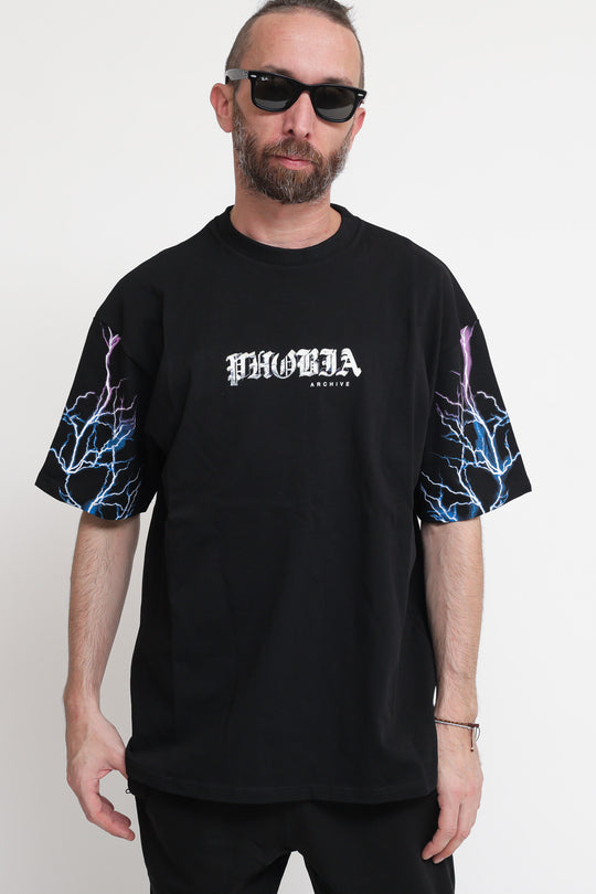 Black T-Shirt With Blue And Purple Light On Sleeve - Black