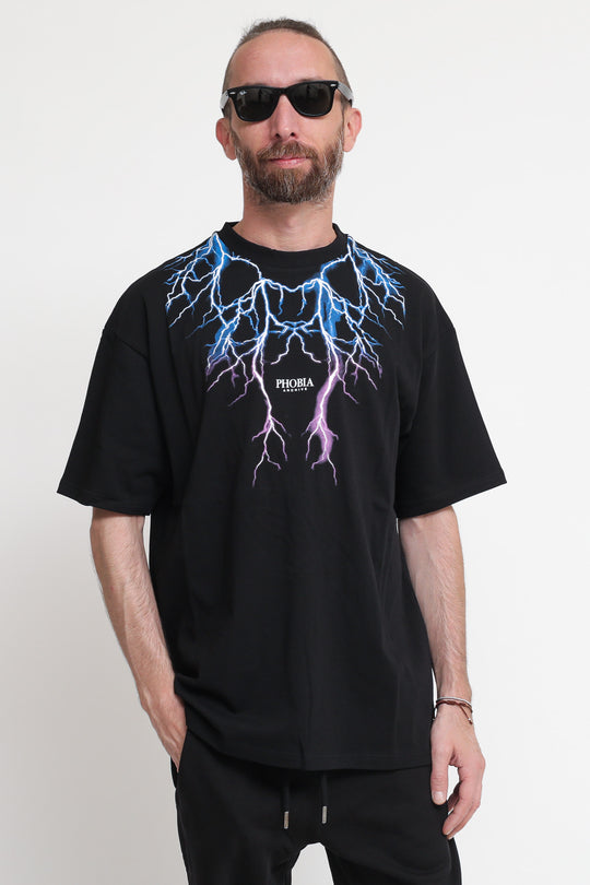 Black T-Shirt With Blue And Purple Light On Front - Black