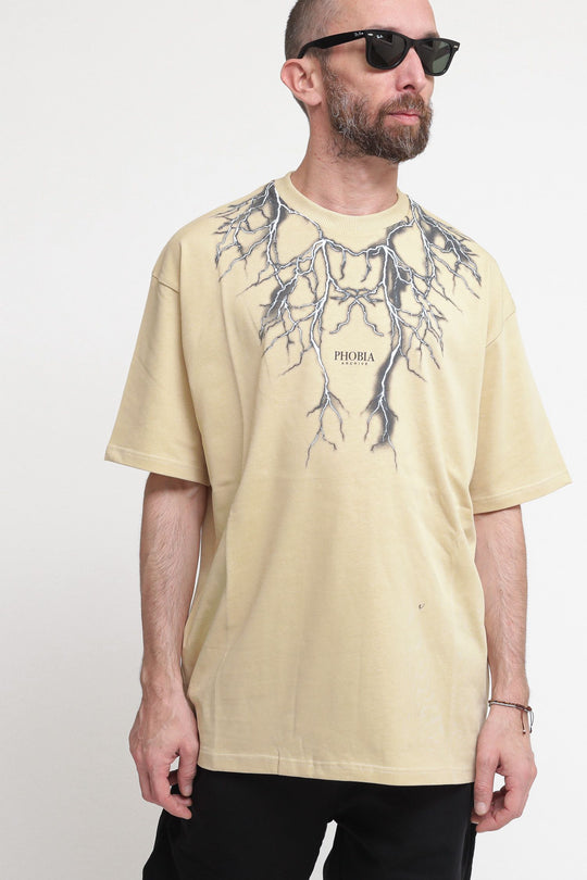 Beige T - Shirt With Black Lightning On Front - Beige