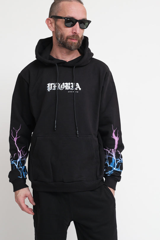 Black Hoodie With Blue And Purple Light On Sleeves - Black