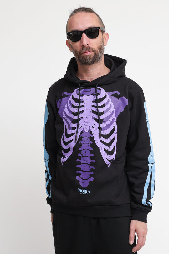 Black Hoodie With Blue And Lilac Bones - Black
