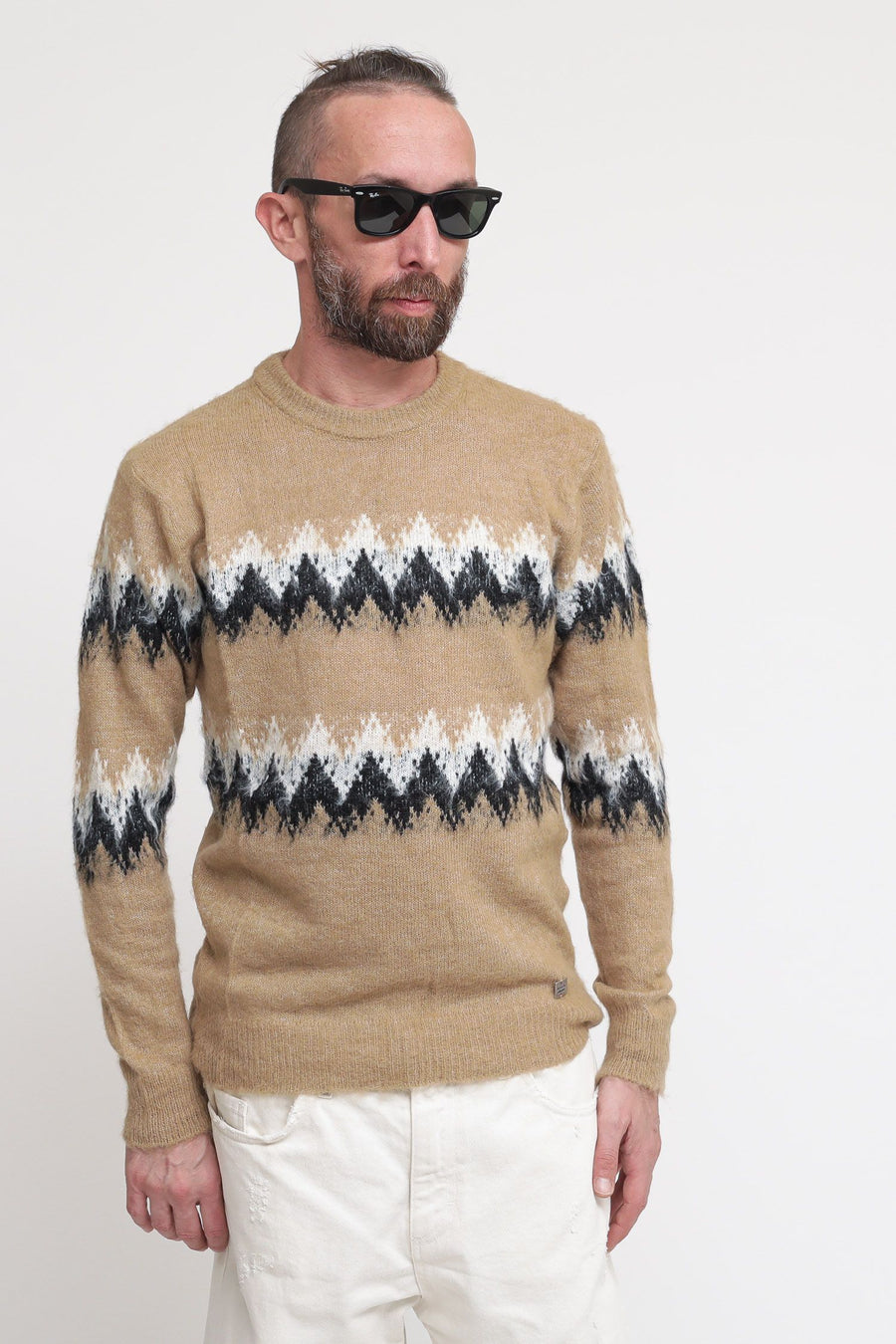 Brushed Jacquard Placement Crew Neck - Camel