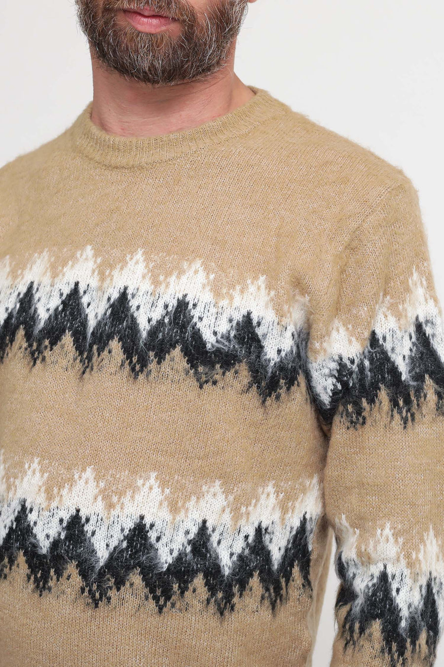 Brushed Jacquard Placement Crew Neck - Camel — 2