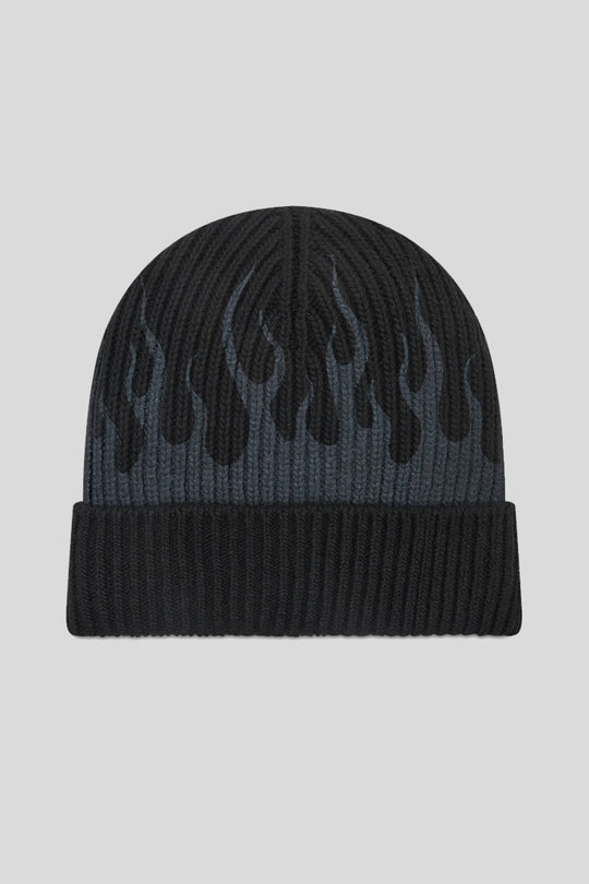 Cuffia Lana Nera Con Fiamme Grigie - Black