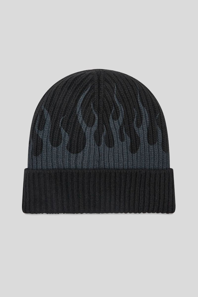 Cuffia Lana Nera Con Fiamme Grigie - Black — 2