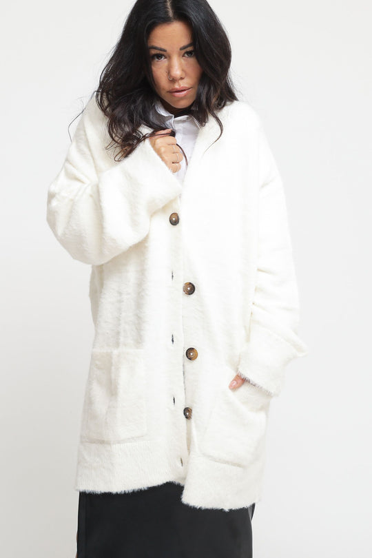 Fuzzy Long Cardigan - Ecru