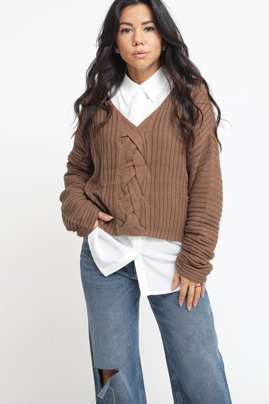 Braided Knitted Sweater - Coffee