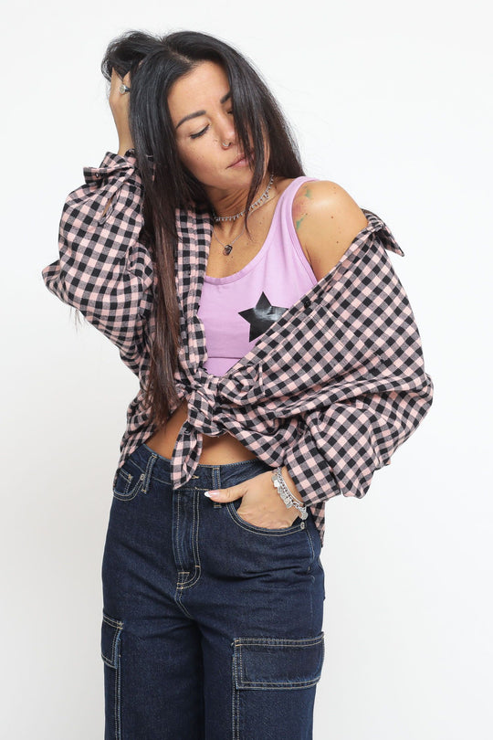 Top Camicia Quadri - Nero Rosa