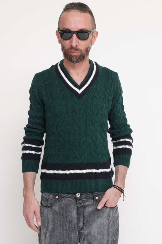 Scollo V Treccia Righe - Verde Bottiglia