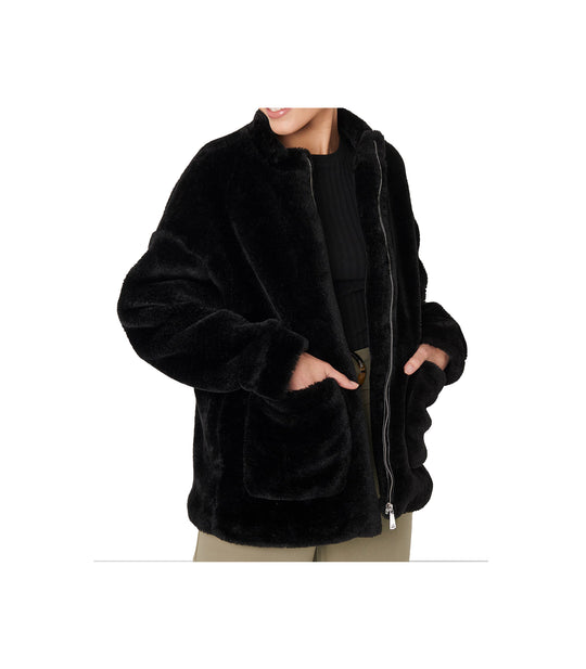 Short Front Pocket Faux Fur Jacket - Black