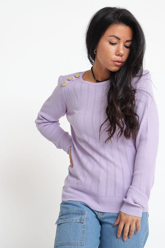 Maglia Costine Traforata Bottoni e Spalline - Lilla