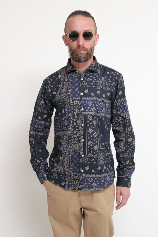 Shirt Linen Print L/S - Navy Blue