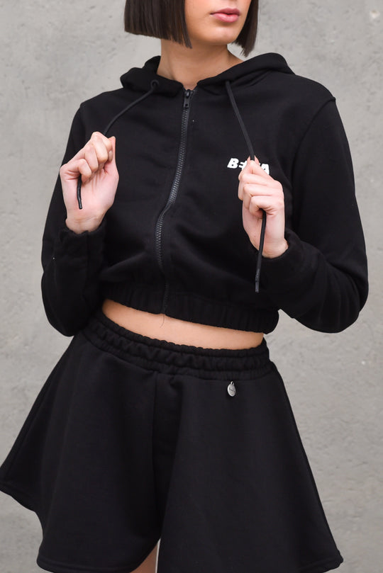 Felpa Zip Corta Ricamo - Nero