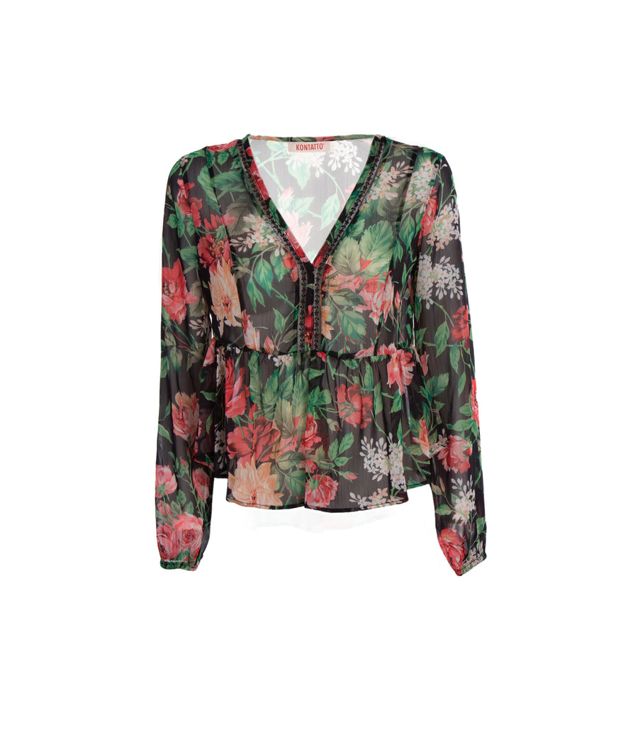 Women's Ruffle Shirt V-Neck Patterned - Black Floral