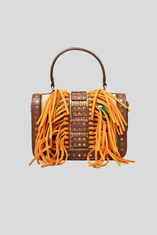 JUNGLE SM. HANDLE BAG RAFFIA + SYNT COMBI BROWN