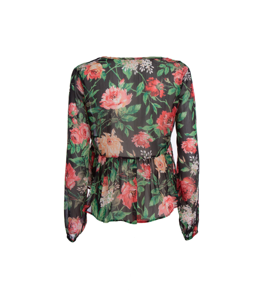 Women's Ruffle Shirt V-Neck Patterned - Black Floral — 2