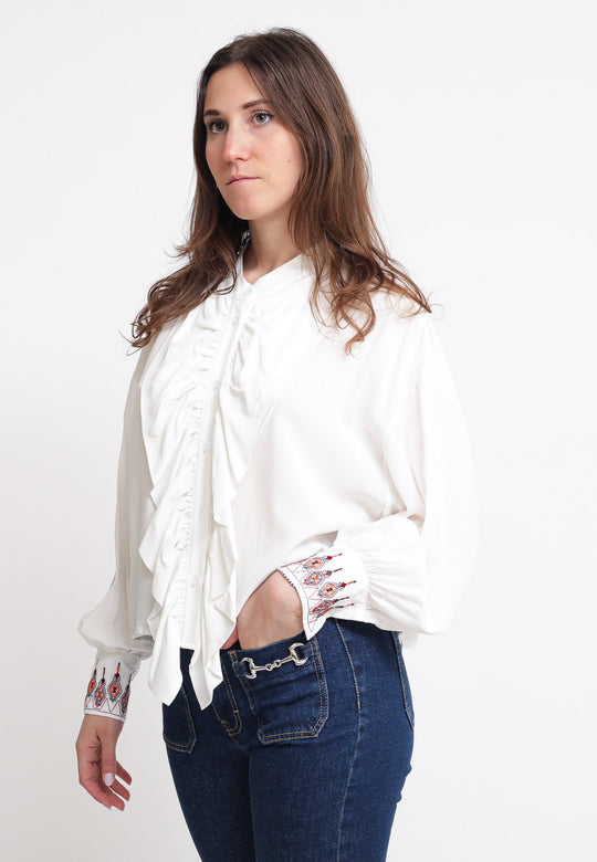 Camicia Rouches Ricamo Polsino - Off White