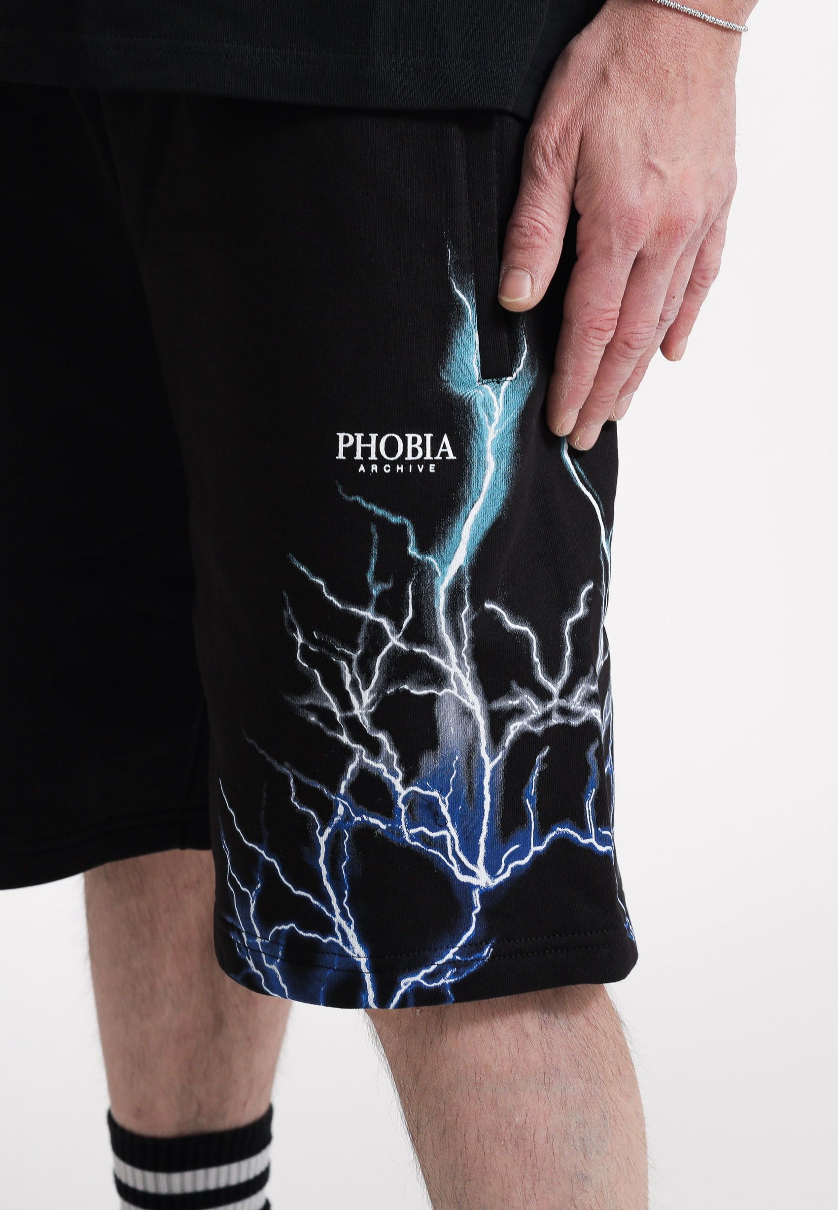 PHOBIA ARCHIVE BLACK SHORTS WITH BLUE AND LIGHTBLUE LIGHTNING, | Black  Men‘s Shorts & Bermuda | YOOX