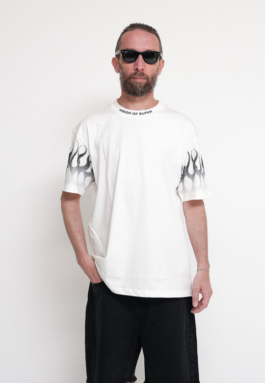 Off White T-Shirt Whit Black Flames