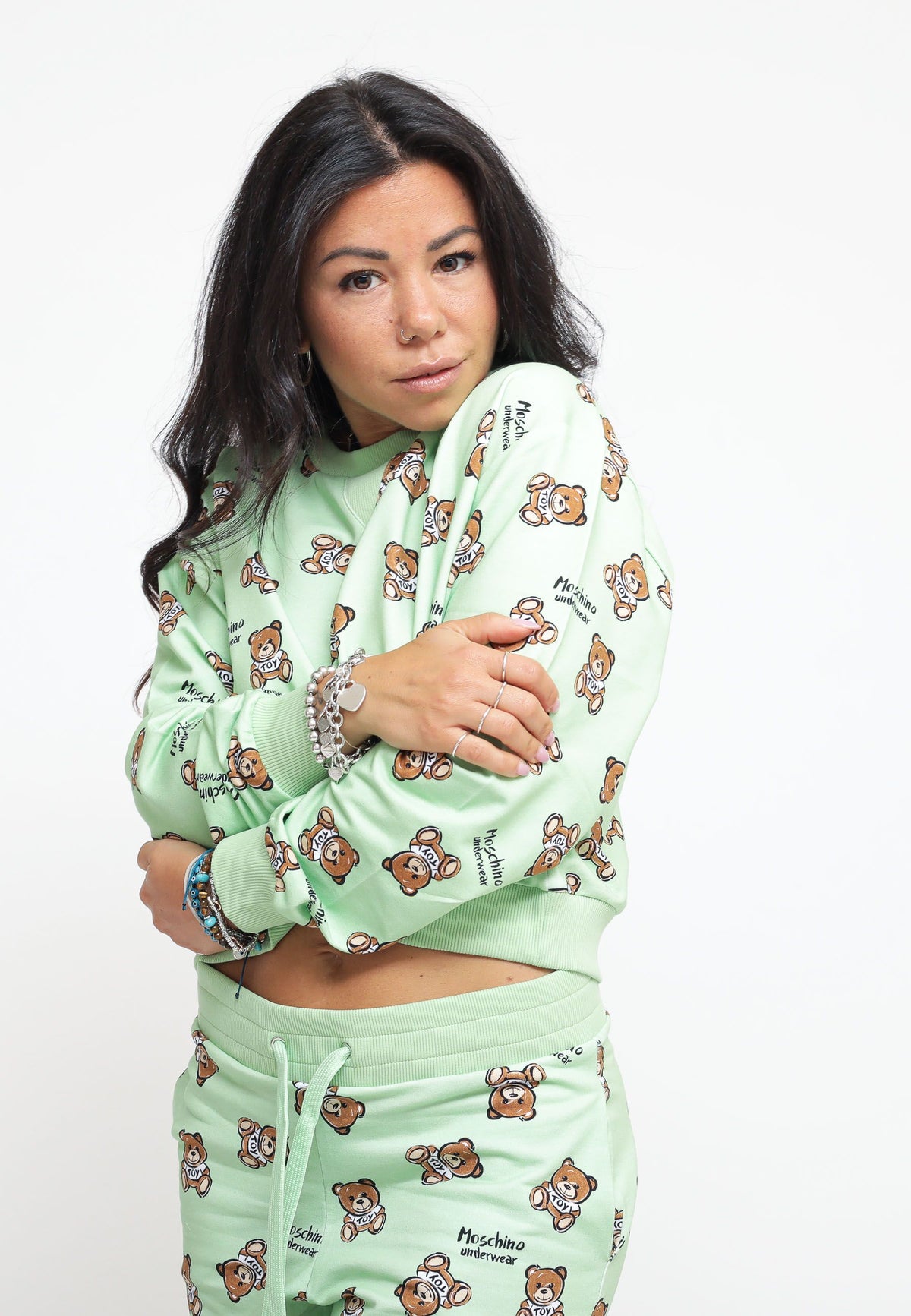Teddy Bear Print Stretch Fleece Crop - Green — 1