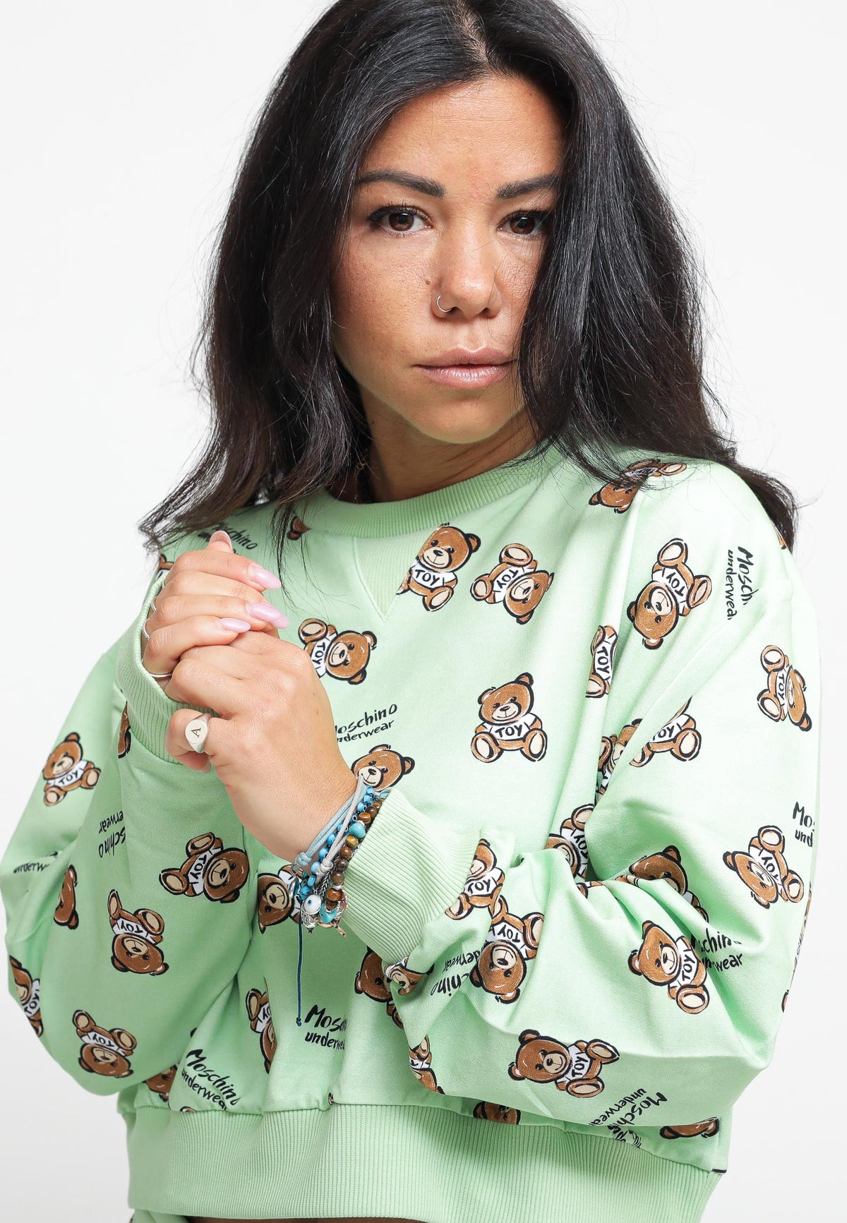 Teddy Bear Print Stretch Fleece Crop - Green — 3