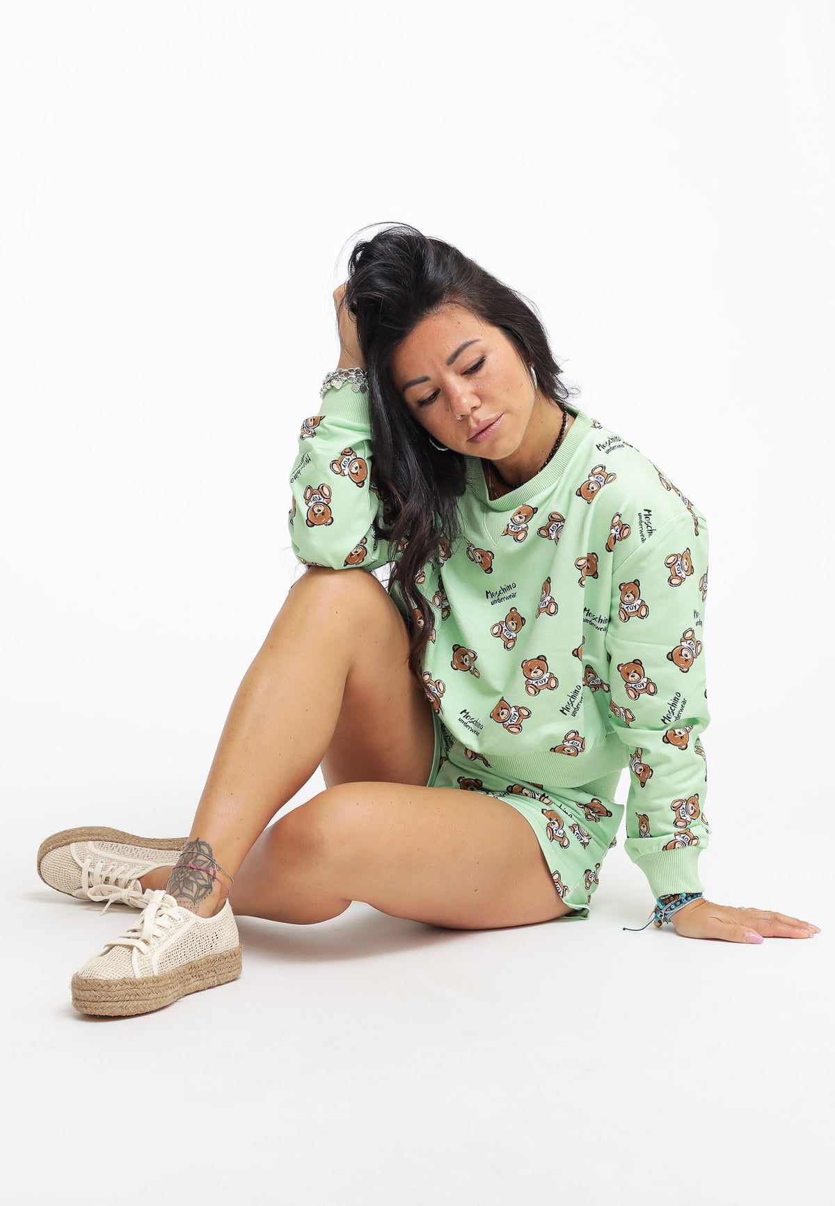 Teddy Bear Print Stretch Fleece Crop - Green — 4