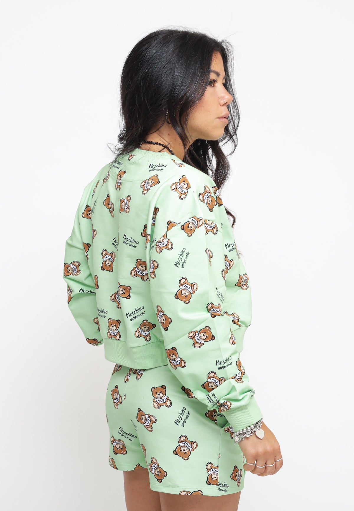 Teddy Bear Print Stretch Fleece Crop - Green — 5