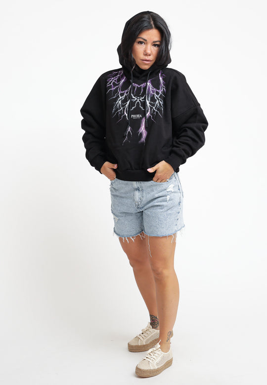 Black Crop Hoodie Whit Purple Grey Fuxia Lightning