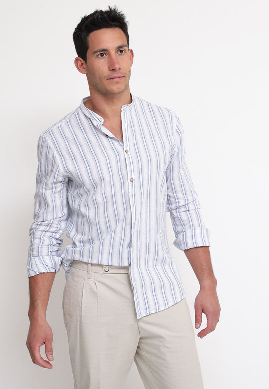 Camicia Rigata Lino/Cotone - Azzurro