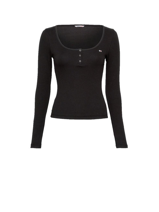 TJW Slim Button Rib C-Neck LS - Black