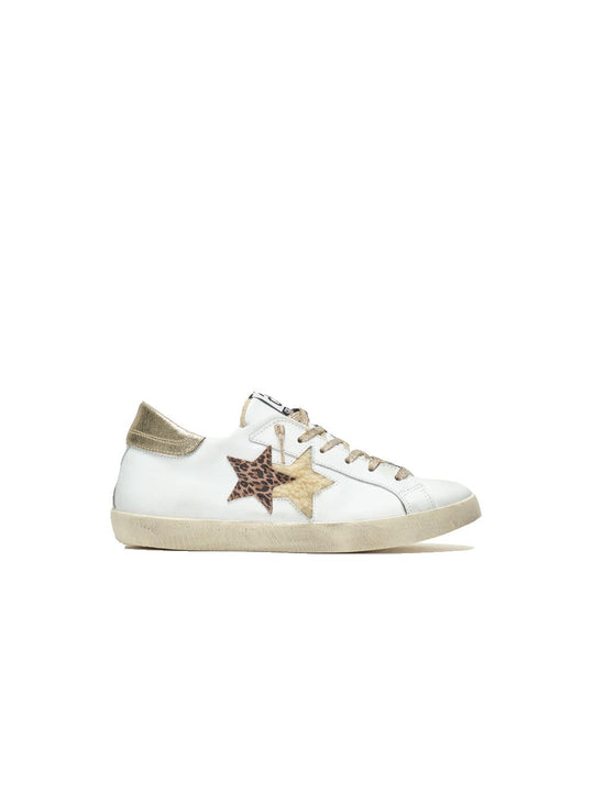 Sneakers Low Pelle Bianca Con Dettagli In cRosta Oro E Leopardato Ed Ecofur Panna Con Effetto ''Used''
