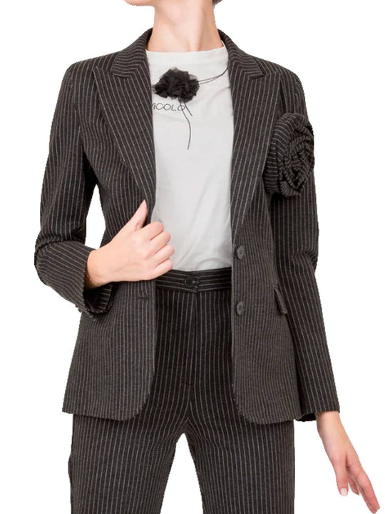 Giacca Gessato con Fiore - Nero