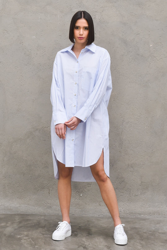 Camicia Over Lunga Spacchi Righe Donna - V. Riga Celeste