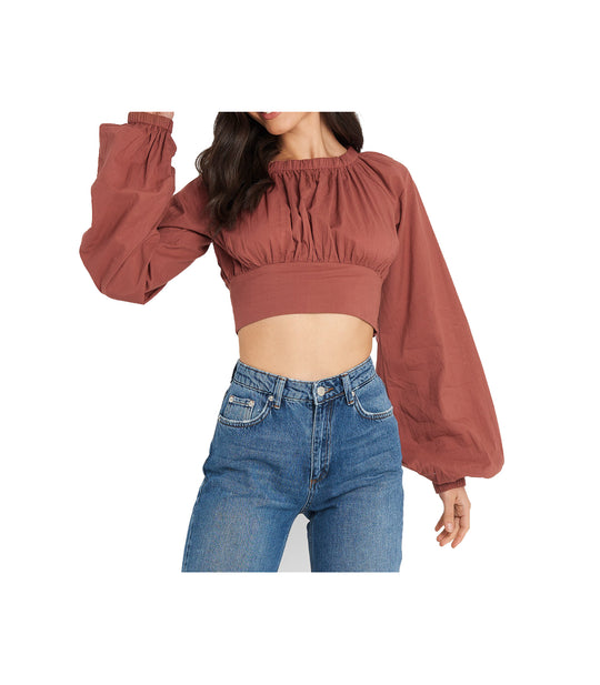 Cropped Balloon Sleeve Cotton Blouse - Rust
