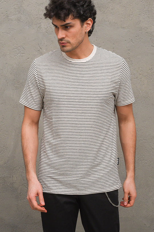 T-Shirt Mm Jersey Rigata - Latte/Nero