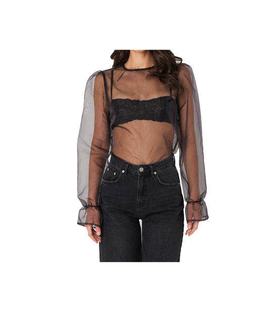 Flounce Sleeve Organza Blouse - Black