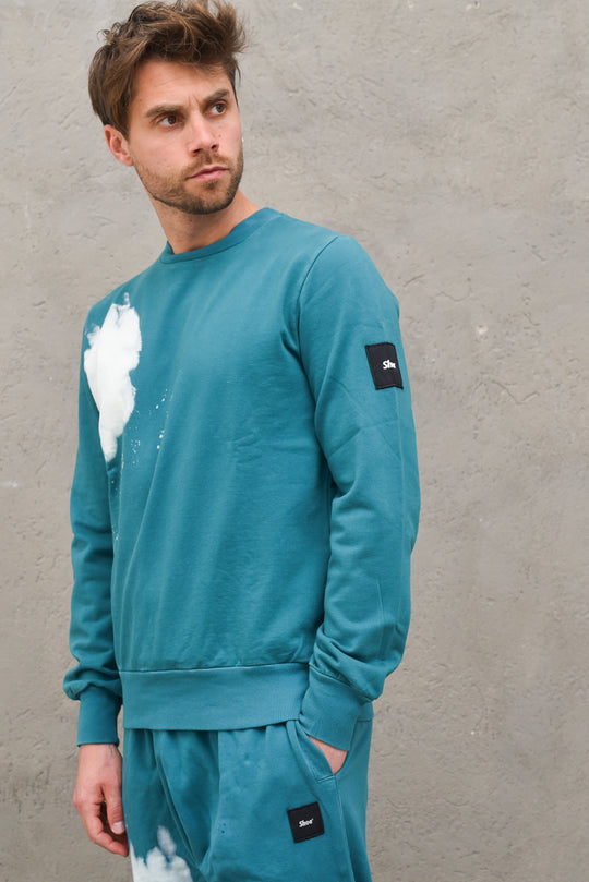 Bleach Wash Crewneck Sweatshirt - Petrolio