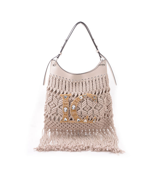 Crossroads Fringe Bag + Embroid Weaving Cotton - Natural