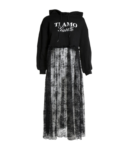 Abito Felpa Capp M/L E Pizzo + Stampa - Nero