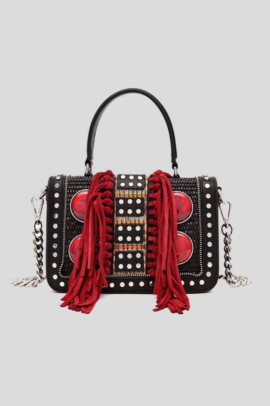 JUNGLE SM. HANDLE BAG RAFFIA + SYNT. COGNAC-BLACK