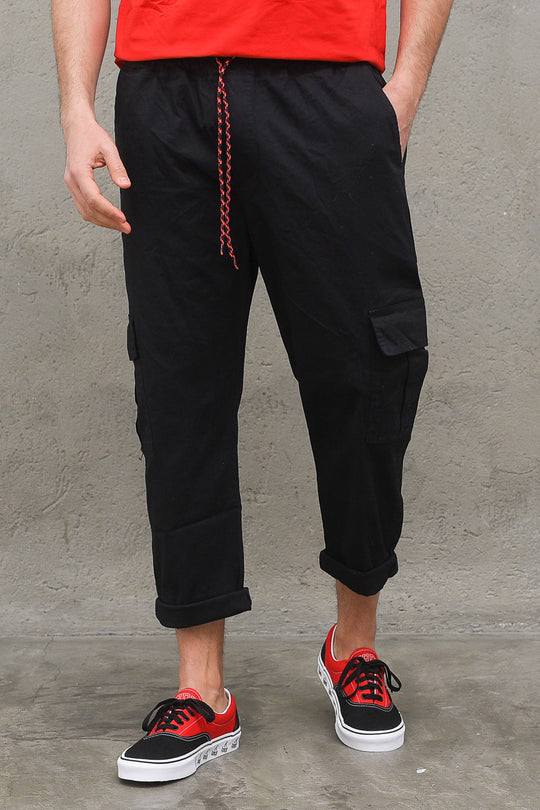 Gabardine Cargo Pant With Elastic Waist - Black