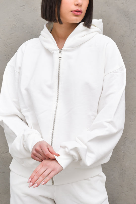Felpa Zip Cappuccio Donna - Bianco
