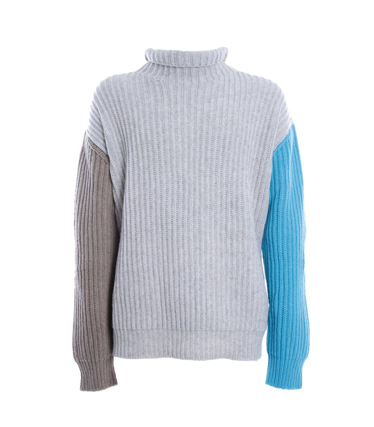 Sasha Multicolor Highneck Sweater - Grey/Yellow/Beige/Skyblu