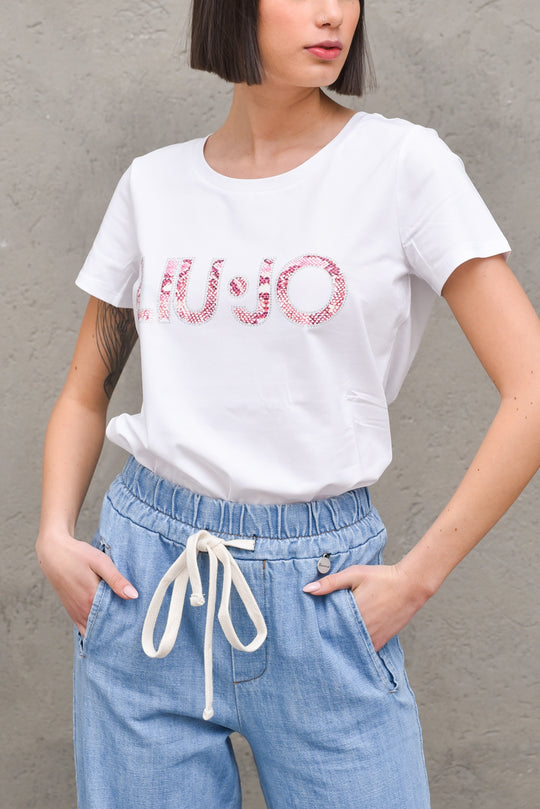 T-shirt Portalogo Stampa - Stras Snake Dark Pink