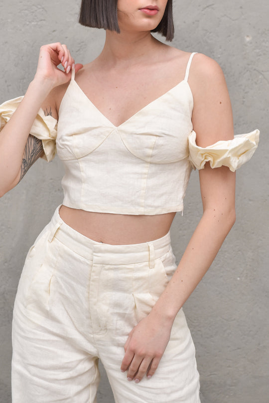 Dropped Shoulder Linen Top Light Beige