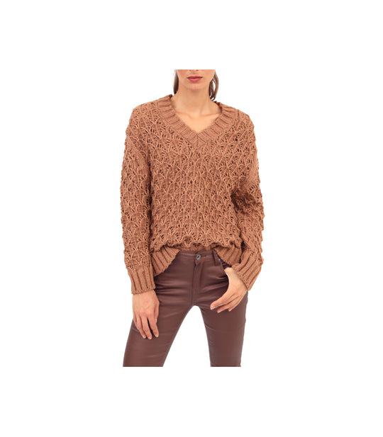 Maglia Scollo V Traforata - Cammello