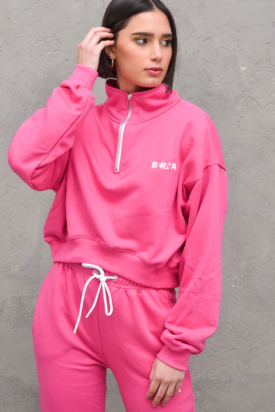 Felpa Collo Zip Ricamo - Flamingo