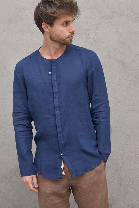 Camicia Girocollo Lino - Blu