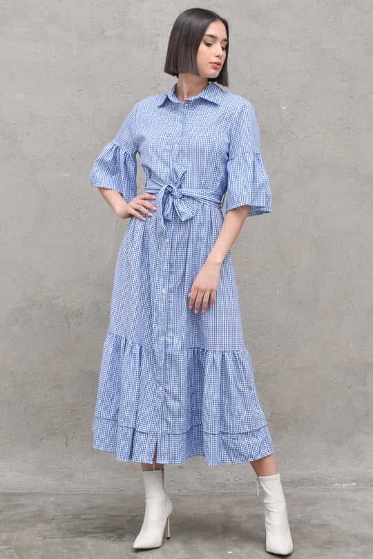 Abito Lungo Vichy - Celeste