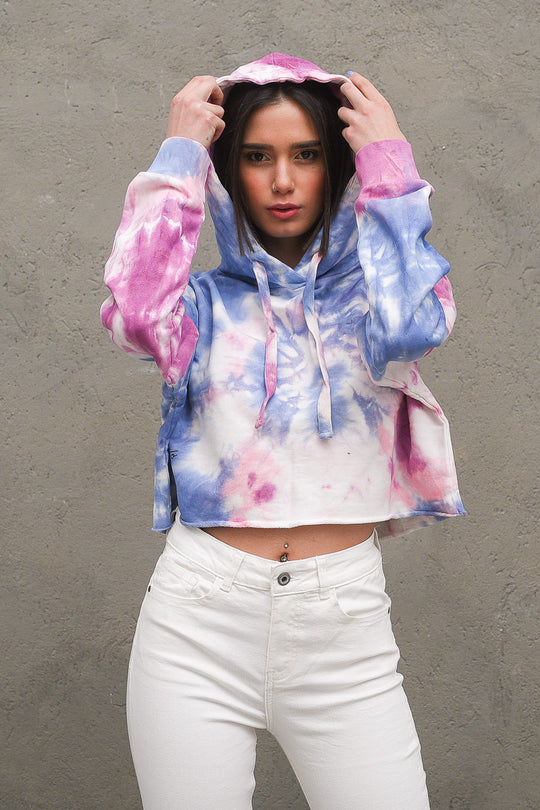 Felpa Cappuccio Cropped Tie Dye - Bianco Pink Fiordaliso Rosa
